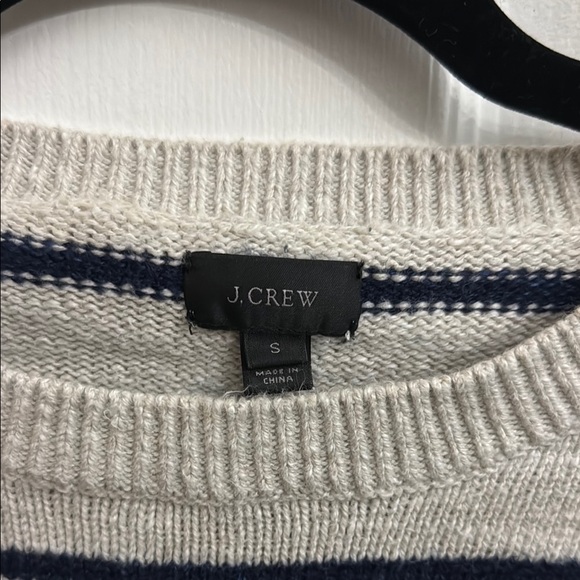 J. Crew Grey Crewneck Cotton Knit Sweater with Dark Navy Stripes - Picture 2 of 4